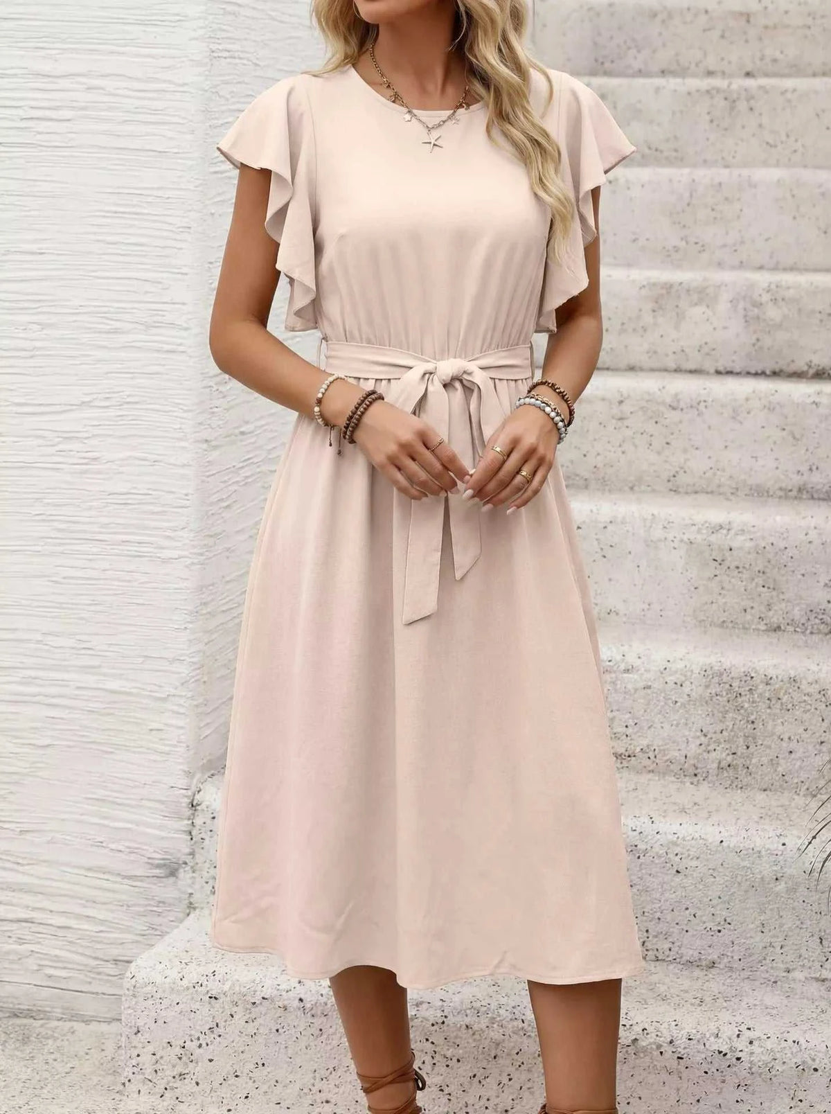 Ruffle Sleeve Tie Waist Midi Dress 100100782574202 39 Women's Midi Dress Affordable Boutique Dresses Under $50 Jerry's Apparel 