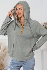 Drawstring Half Snap Long Sleeve Hoodie