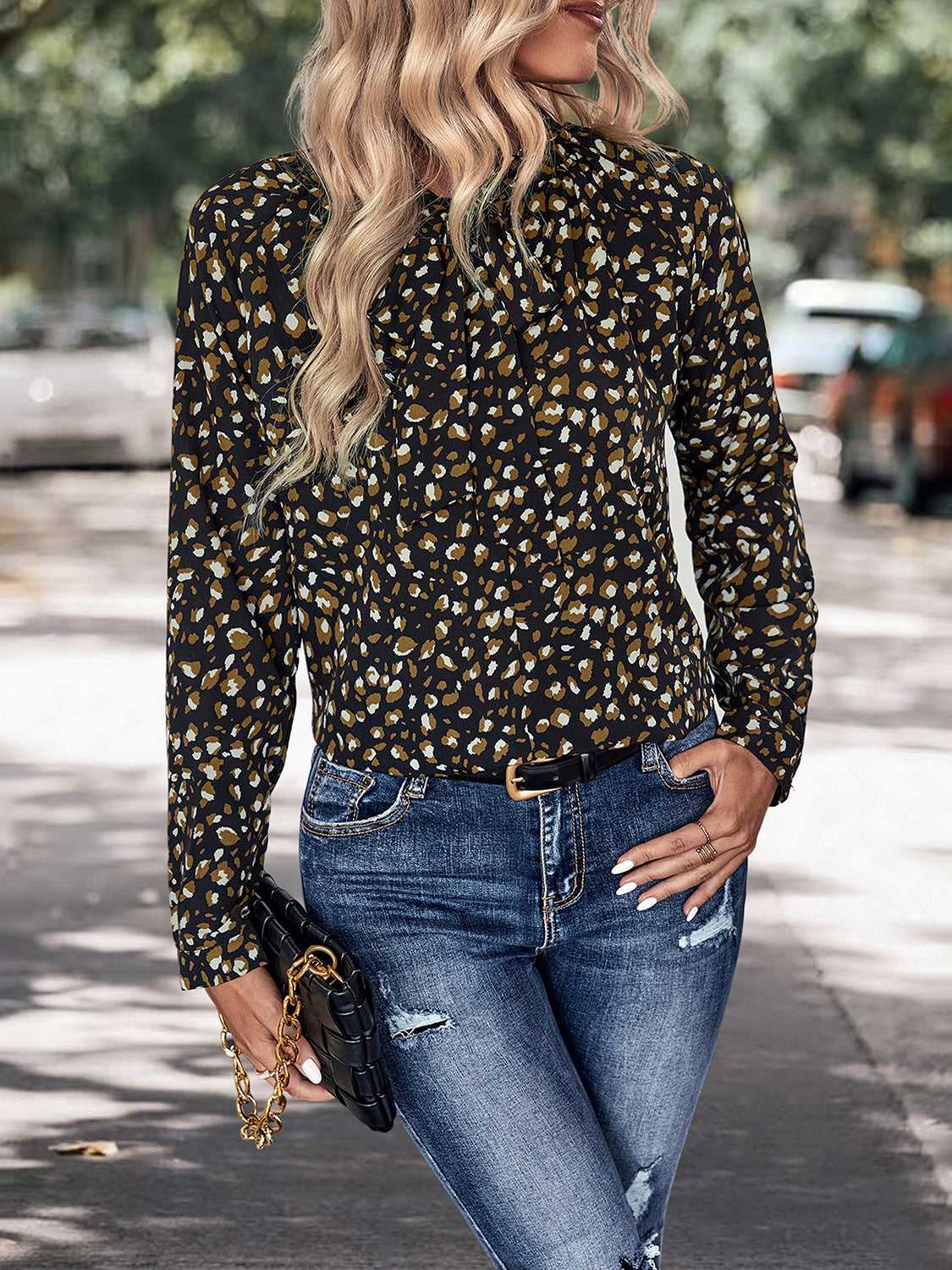 Perfee Printed Tie Neck Long Sleeve Top 100101067609016 35 Affordable Fashion Under $100 Jerry's Apparel 
