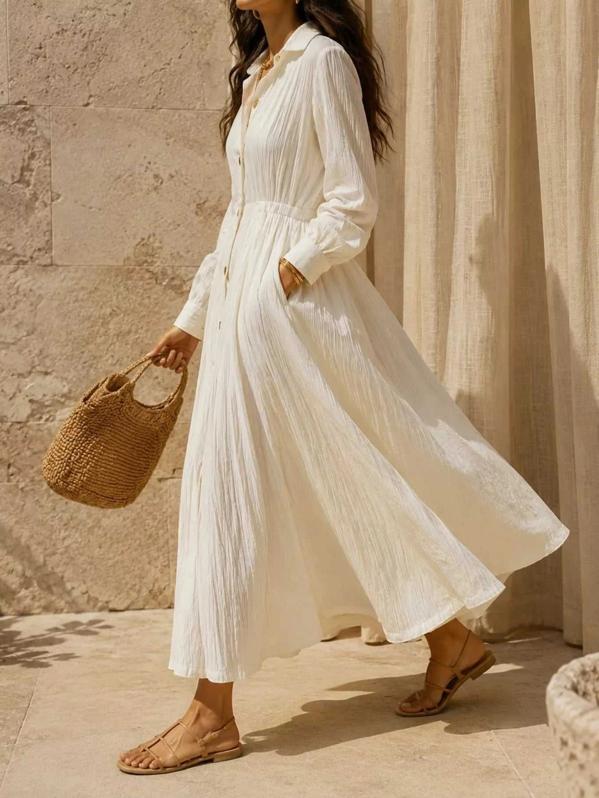 Full Size Textured Button Front Long Sleeve Maxi Dress Plus Size 100100300066352 41 Affordable Fashion Under $100 Jerry's Apparel 