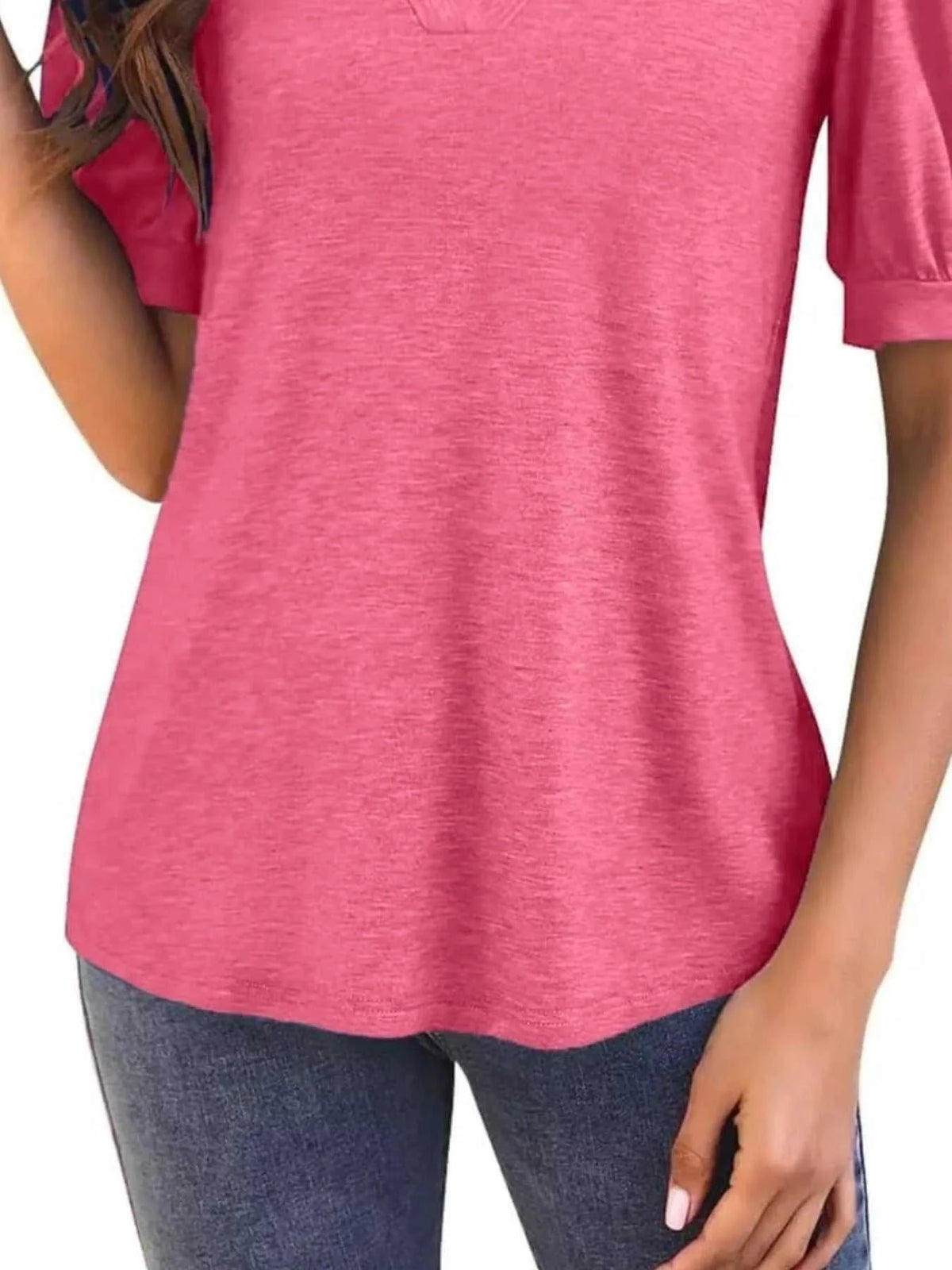 Puff Sleeve Notched Casual T-Shirt 100100978352776 23 Affordable Fashion Under $100 Jerry's Apparel 
