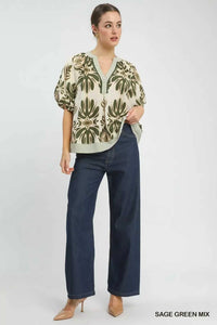 Umgee Mix Printed Puff Sleeve Top with Contrast Trim 100100368811018 47 Affordable Fashion Under $100 Jerry's Apparel 