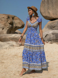 Printed V-Neck Cap Sleeve Midi Dress