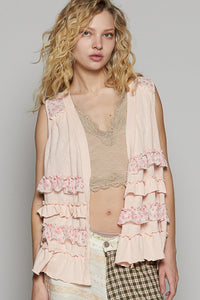 POL Ruffled Open Front Sleeveless Cardigan