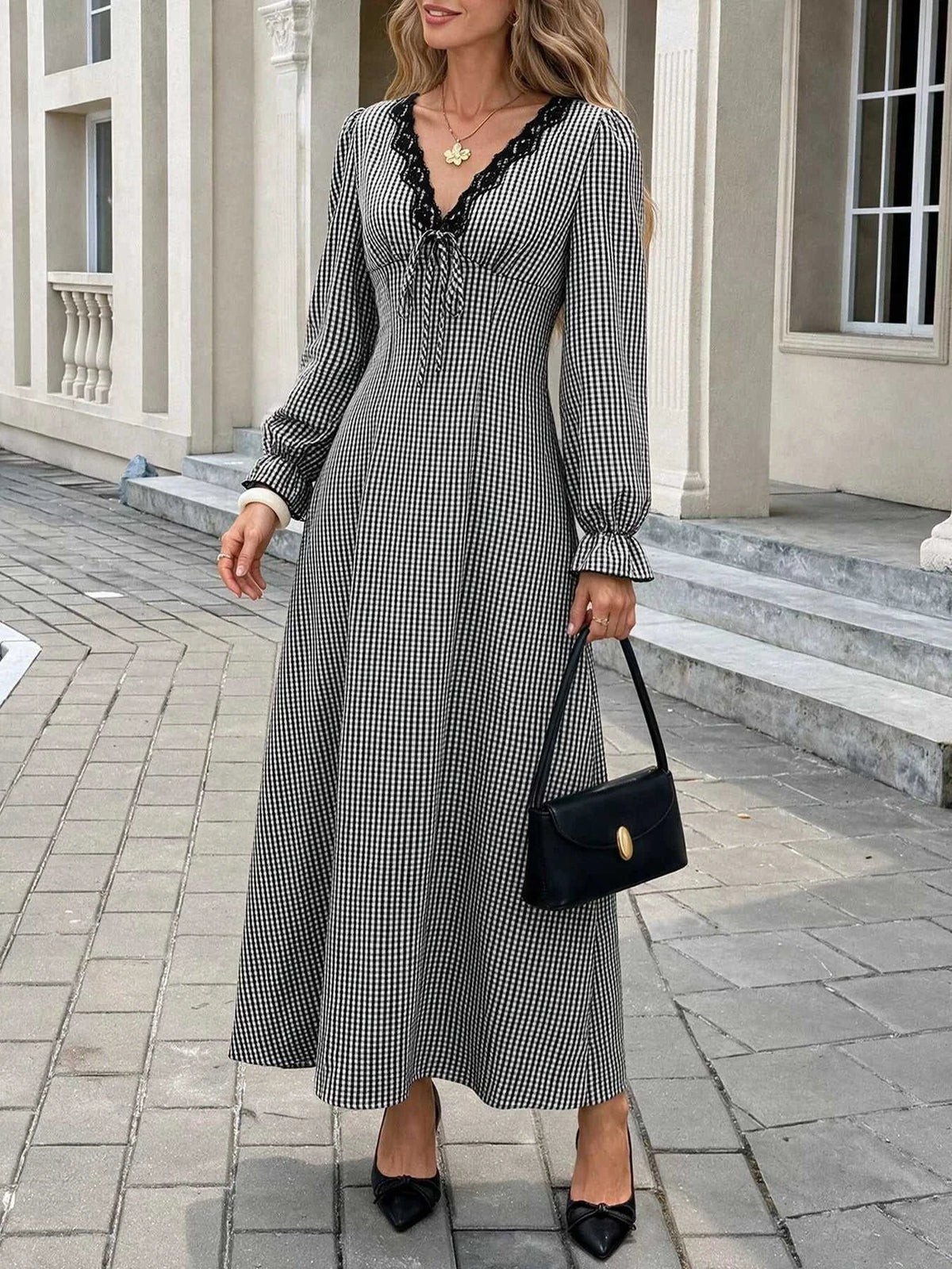 Gingham Lace-Trim V-Neck Long Sleeve A-Line Maxi Dress 101001996406806 52 Affordable Fashion Under $100 Jerry's Apparel 