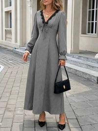 Gingham Lace-Trim V-Neck Long Sleeve A-Line Maxi Dress 101001996406806 52 Affordable Fashion Under $100 Jerry's Apparel 