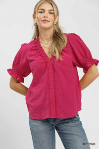 Umgee Textured Button-Front Puff Sleeve Top 100100866331431 49 Affordable Fashion Under $100 Jerry's Apparel 
