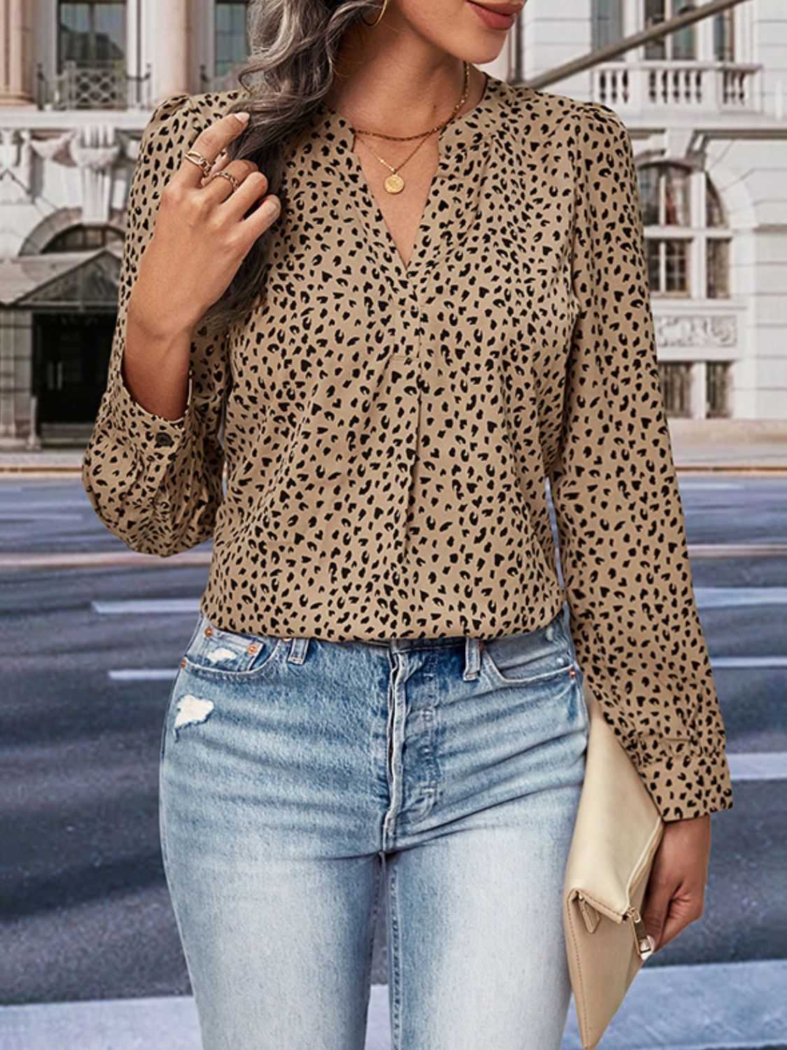 Perfee Leopard Notched Neck Puff Sleeve Blouse 100100857521849 29 Affordable Fashion Under $100 Jerry's Apparel 