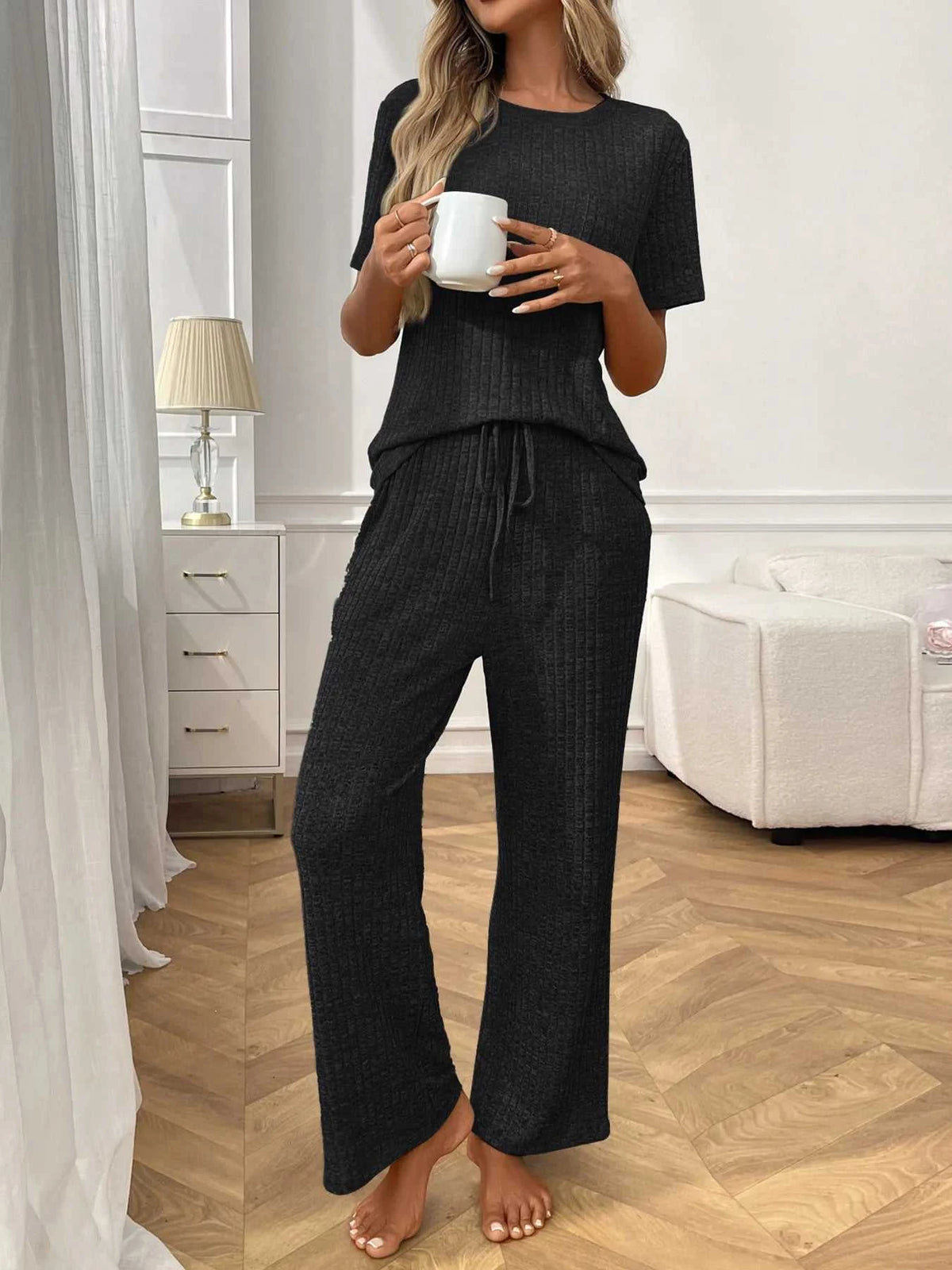 Ribbed Knit Short Sleeve Top and Pants Lounge Set 100100838010625 40 Affordable Fashion Under $100 Jerry's Apparel 