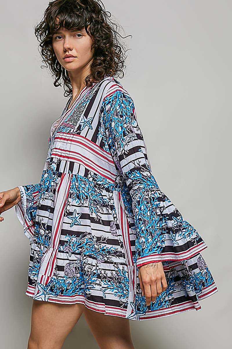 POL Striped Floral Long Sleeve Mini Dress with Pintuck Detail 100100459401126 52 Affordable Fashion Under $100 Jerry's Apparel 