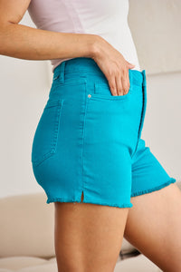 Tummy Control High Waist Raw Hem Denim Shorts Crystal Teal