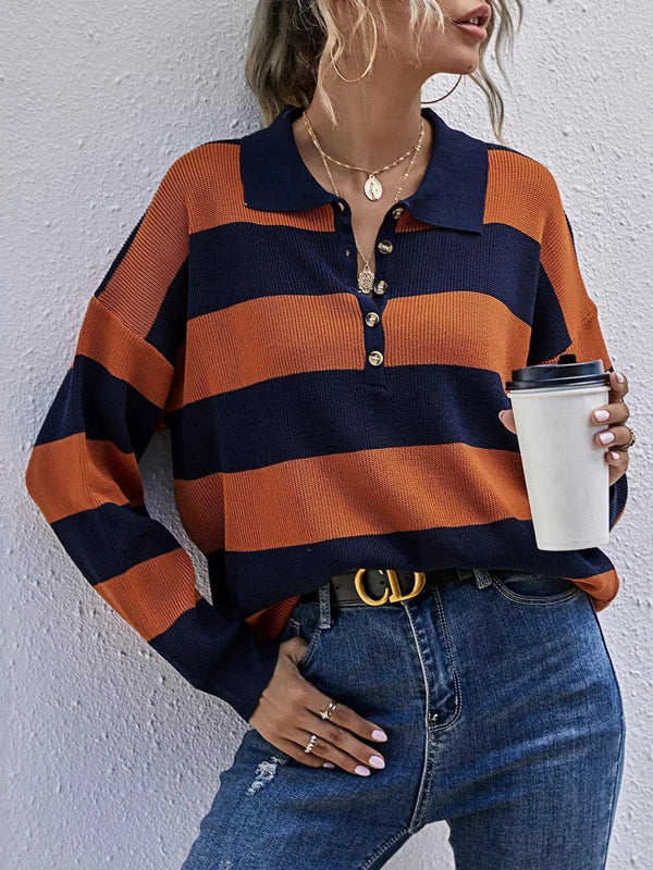 Striped Button Detail Dropped Shoulder Knit Top 100100126362479 34 Affordable Fashion Under $100 Jerry's Apparel 