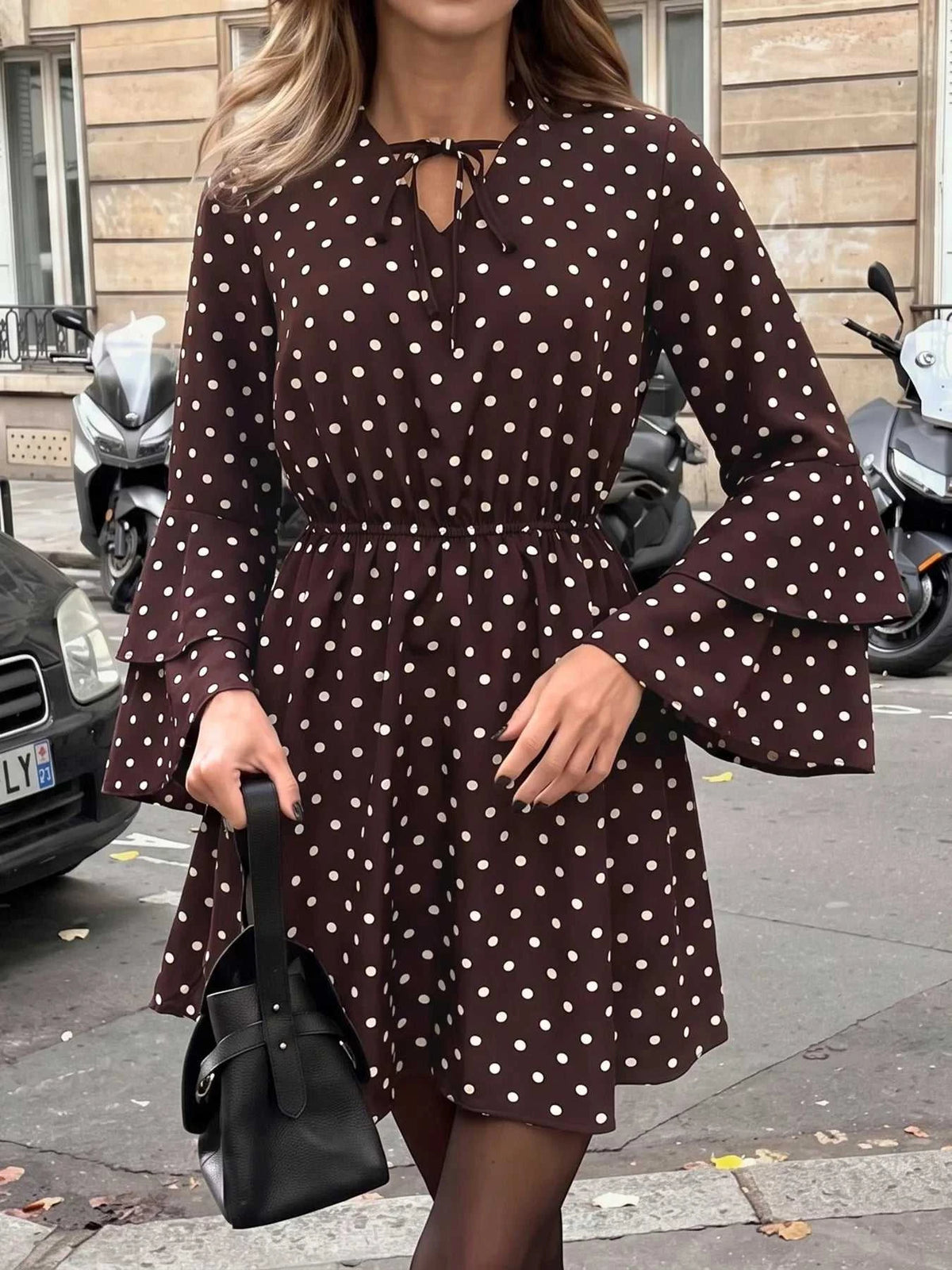 Polka Dot Flare Sleeve Tie Neck Dress 100100463359157 40 Jerry's Apparel 