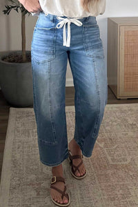 Solid Patchwork Grommet Tie Waist Loose Ankle-Length Jeans 101003318738055 74 Seasonal Fashion Collections Jerry's Apparel 