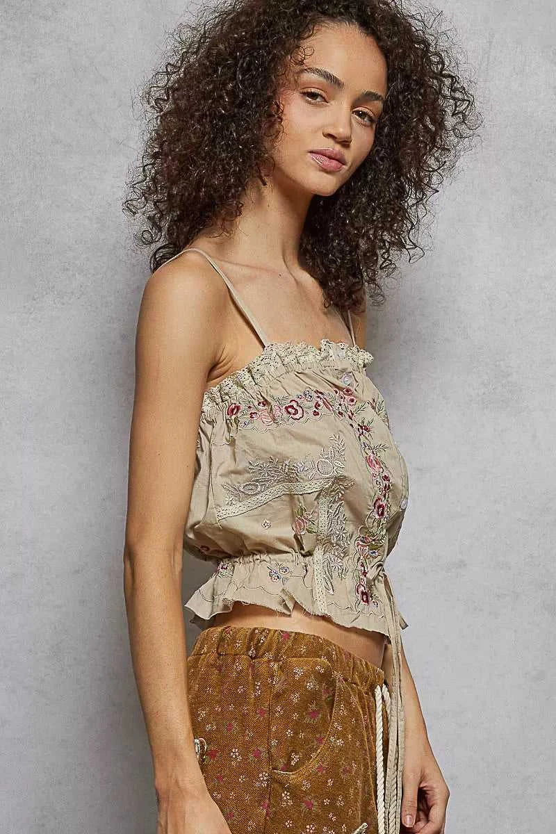POL Button Down Floral Embroidered Cropped Cami with Lace Detail 100100983311382 51 Affordable Fashion Under $100 Jerry's Apparel 