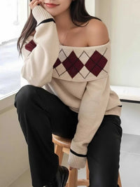 Off-Shoulder Argyle Pattern Sweater 100100066394324 44 Affordable Fashion Under $100 Jerry's Apparel 