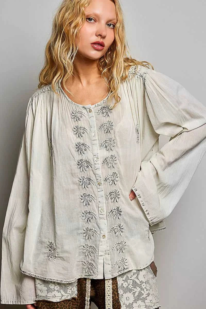 POL Embroidered Button Front Woven Shirt 100100573751599 59 Affordable Fashion Under $100 Jerry's Apparel 
