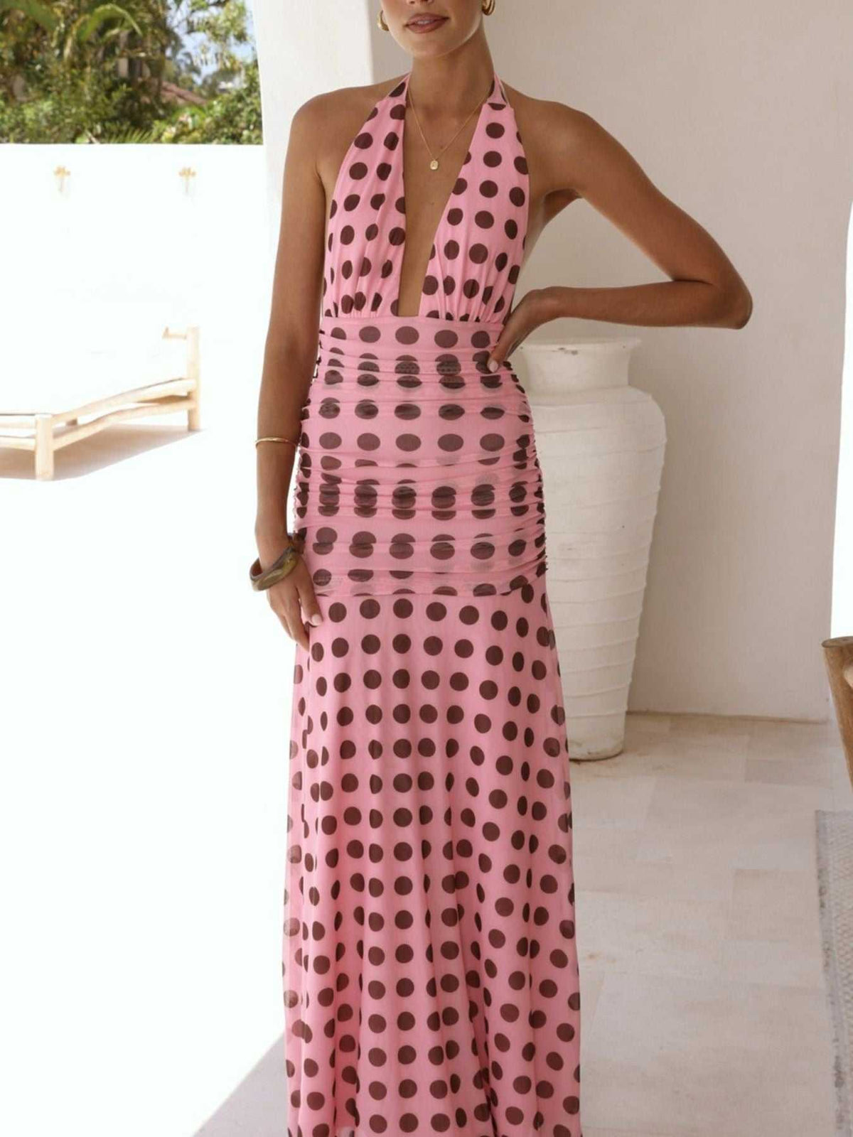 Polka Dot Halter Ruched Maxi Dress 100100900167641 56 Gifts for Her Jerry's Apparel 