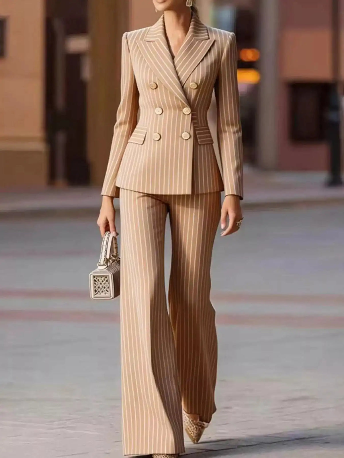 Double-Breasted Pinstripe Blazer and Wide-Leg Pants Set 101001905010997 103 Gifts for Her Jerry's Apparel 