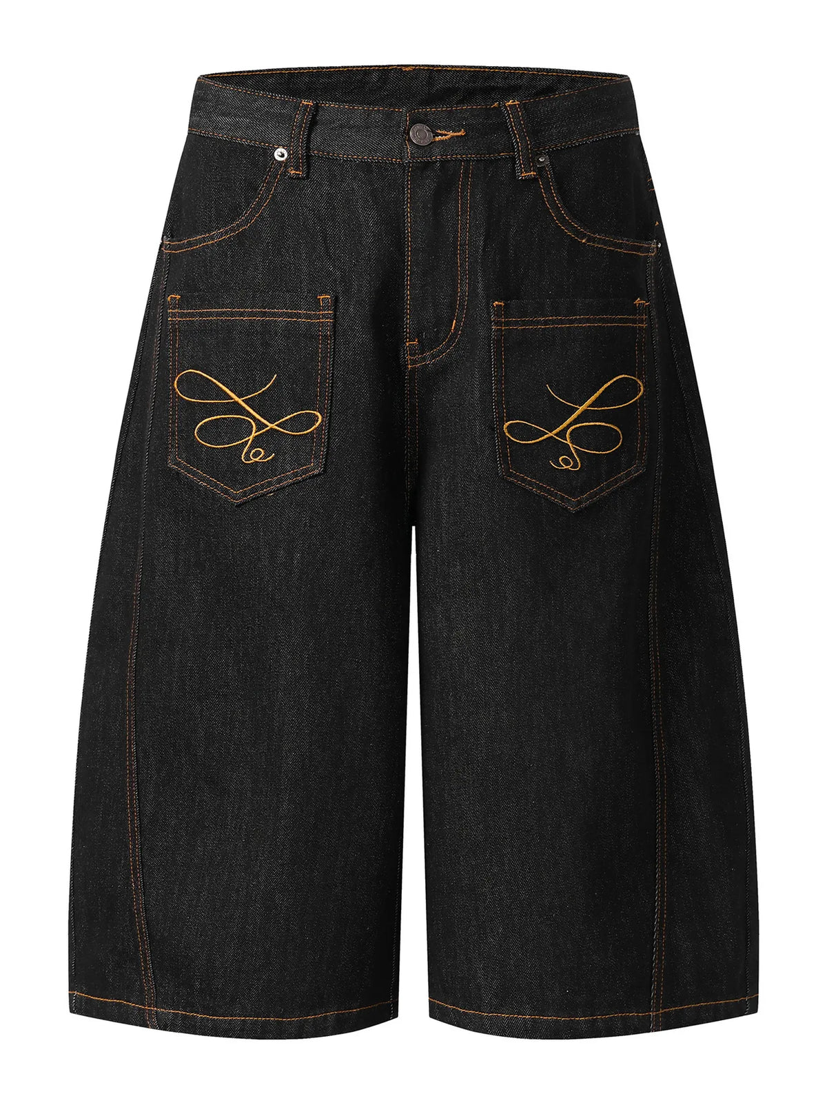 Men's Wide Leg Denim Shorts with Embroidered Pocket Detail