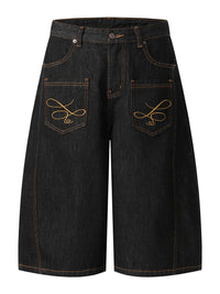 Men's Wide Leg Denim Shorts with Embroidered Pocket Detail