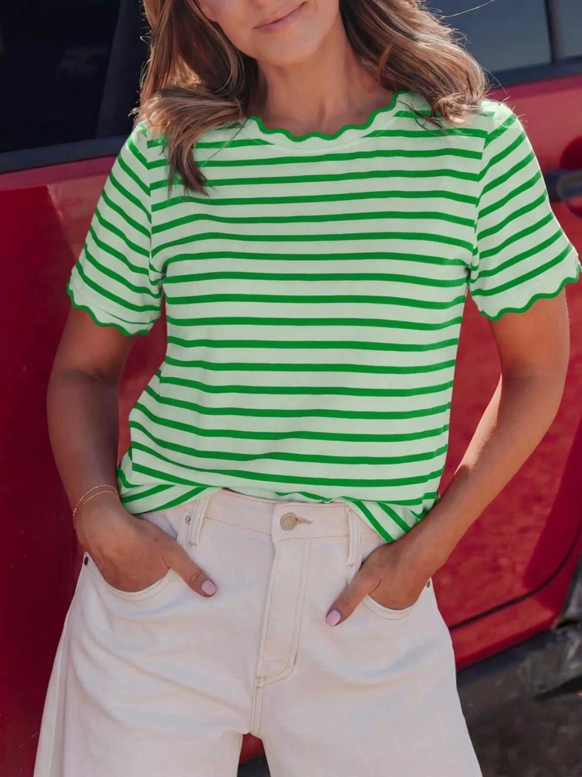 Striped Scallop-Trimmed Round Neck T-Shirt 100100886691619 28 Affordable Fashion Under $100 Jerry's Apparel 
