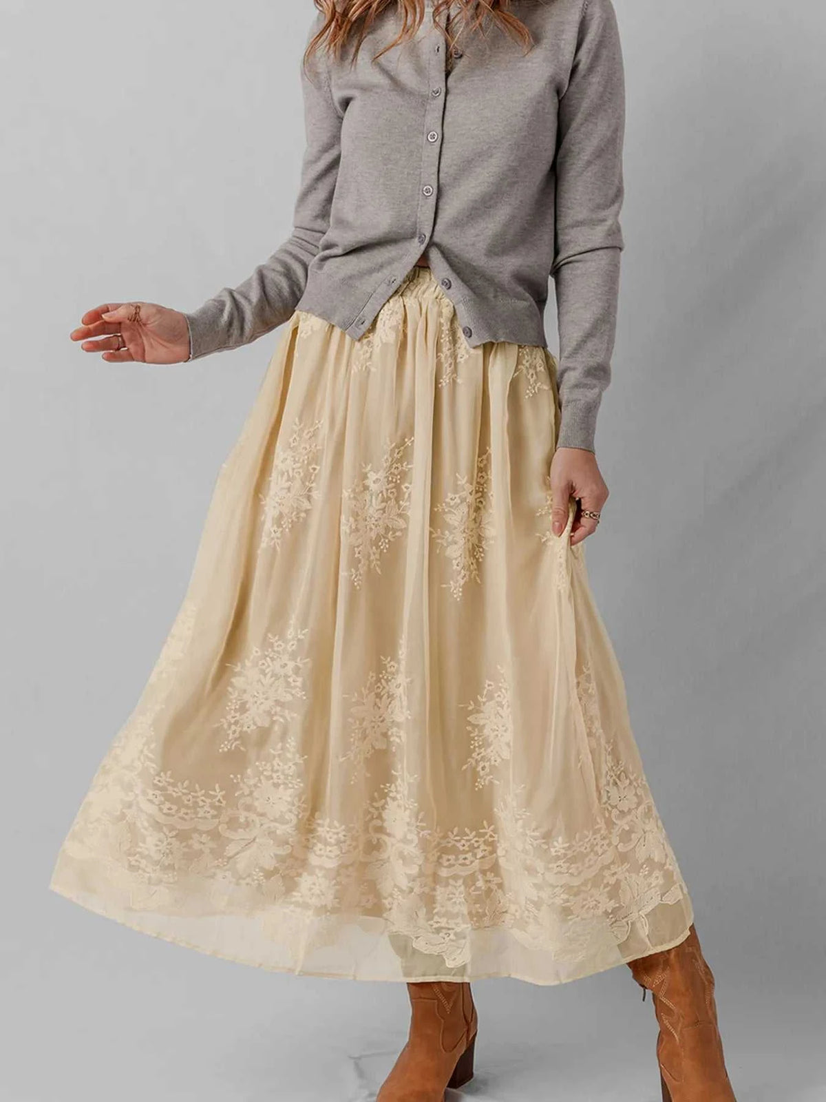 Embroidered Mesh Overlay Flowy Midi Skirt 100100602530081 64 Affordable Fashion Under $100 Jerry's Apparel 
