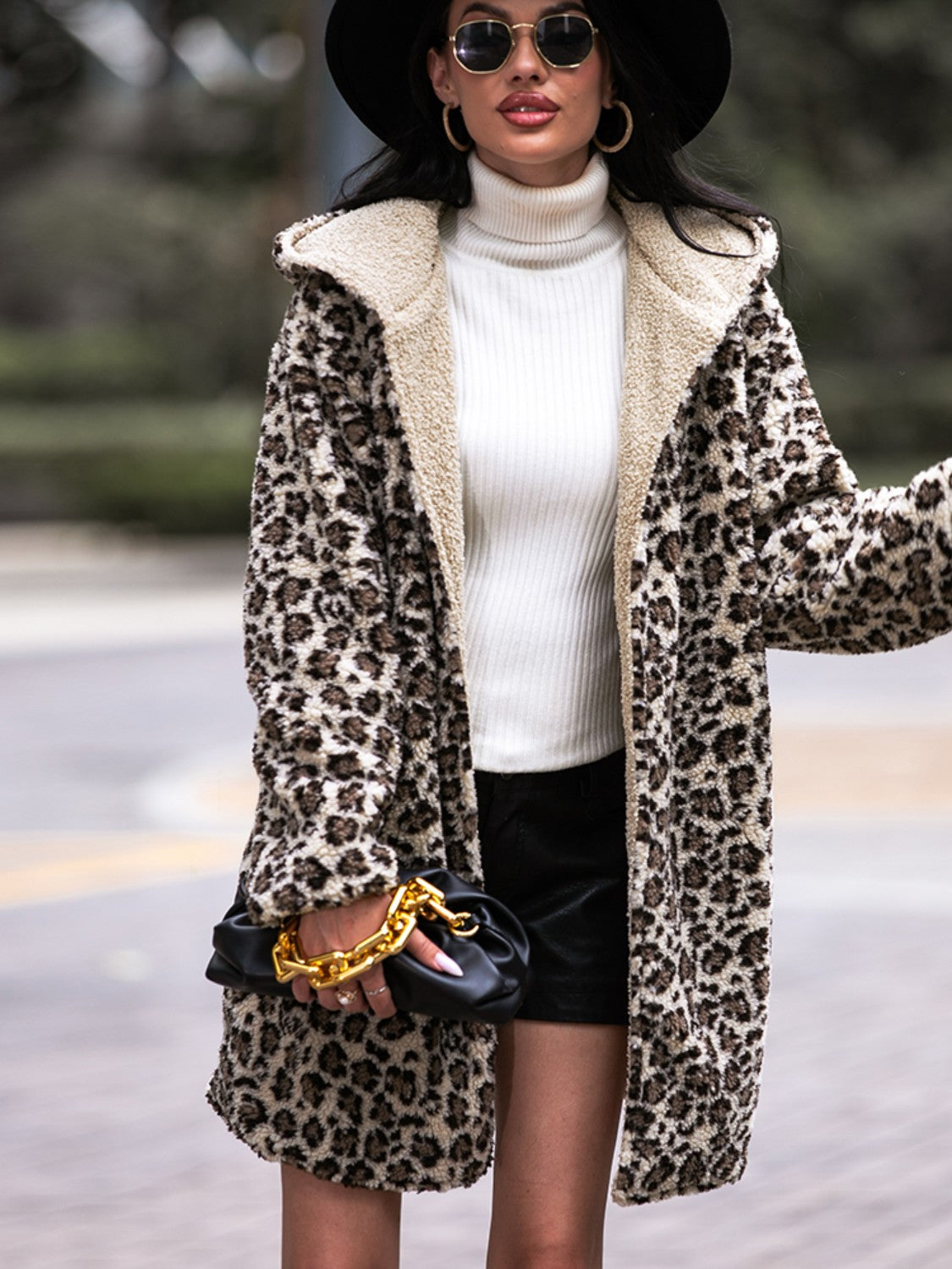 Shiny Leopard Hooded Coat with Pockets