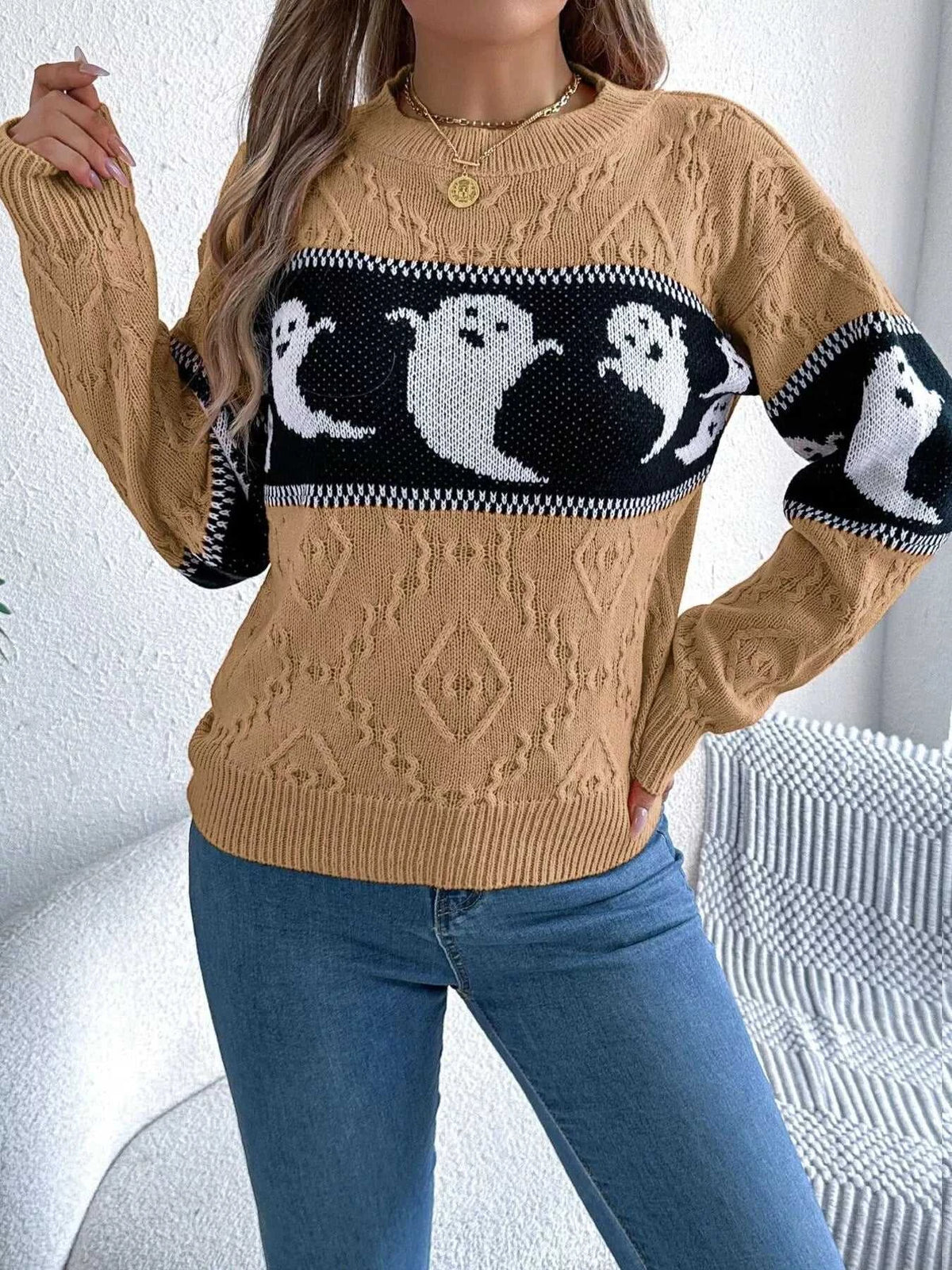 Halloween Ghost Pattern Textured Sweater 101002208811707 37 Affordable Fashion Under $100 Jerry's Apparel 