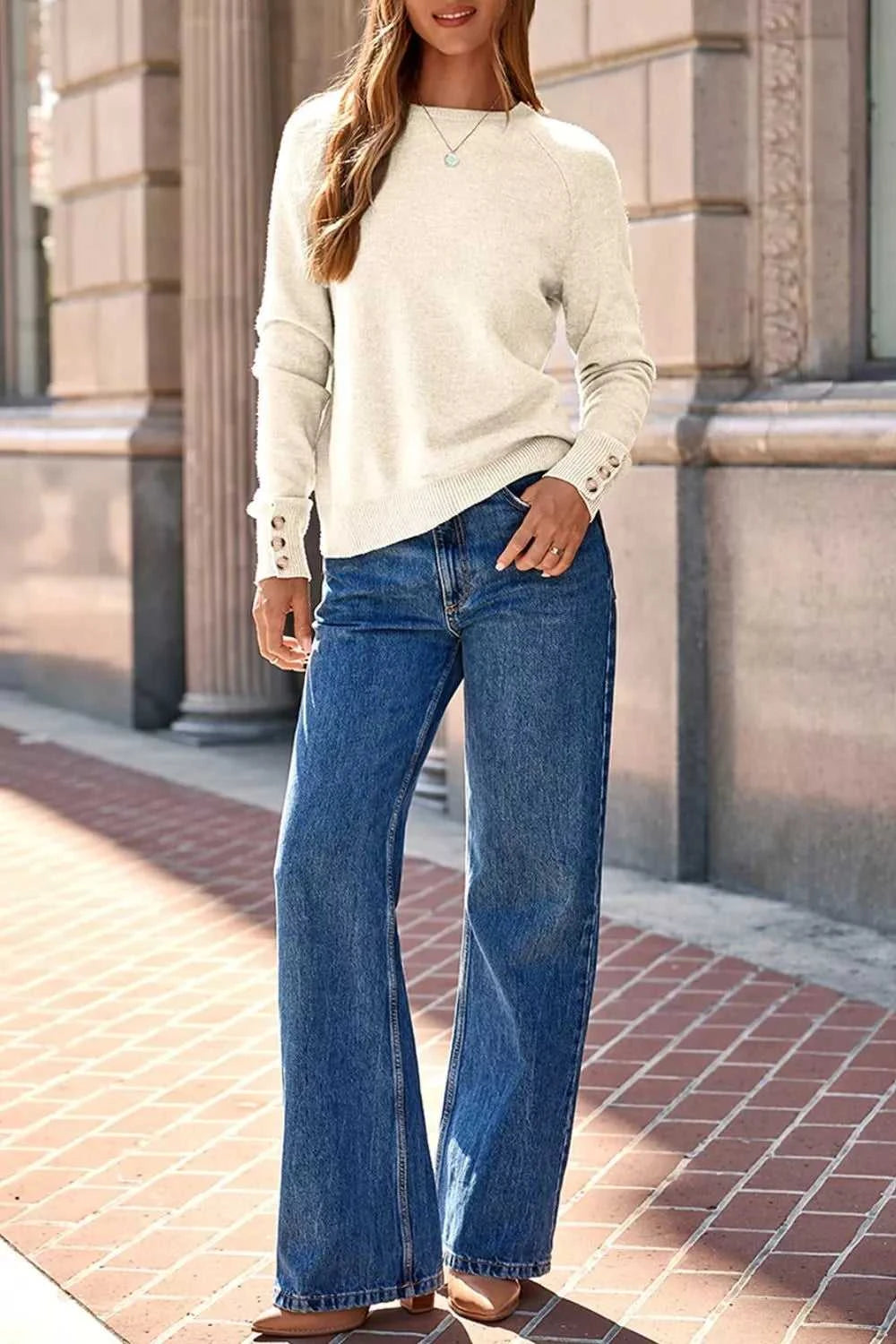 Button-Cuff Crew Neck Sweater 100100920961596 40 Women's Sweaters and Knitwear Jerry's Apparel 