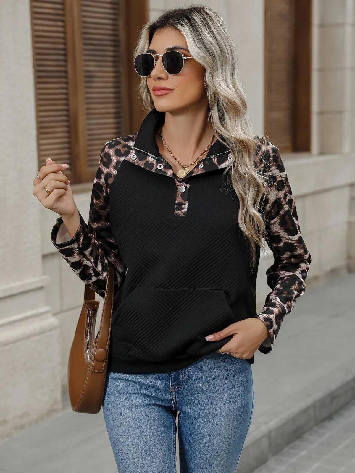 Leopard Print Sleeve Quarter Snap Sweatshirt 100100434021982 36 Affordable Fashion Under $100 Jerry's Apparel 