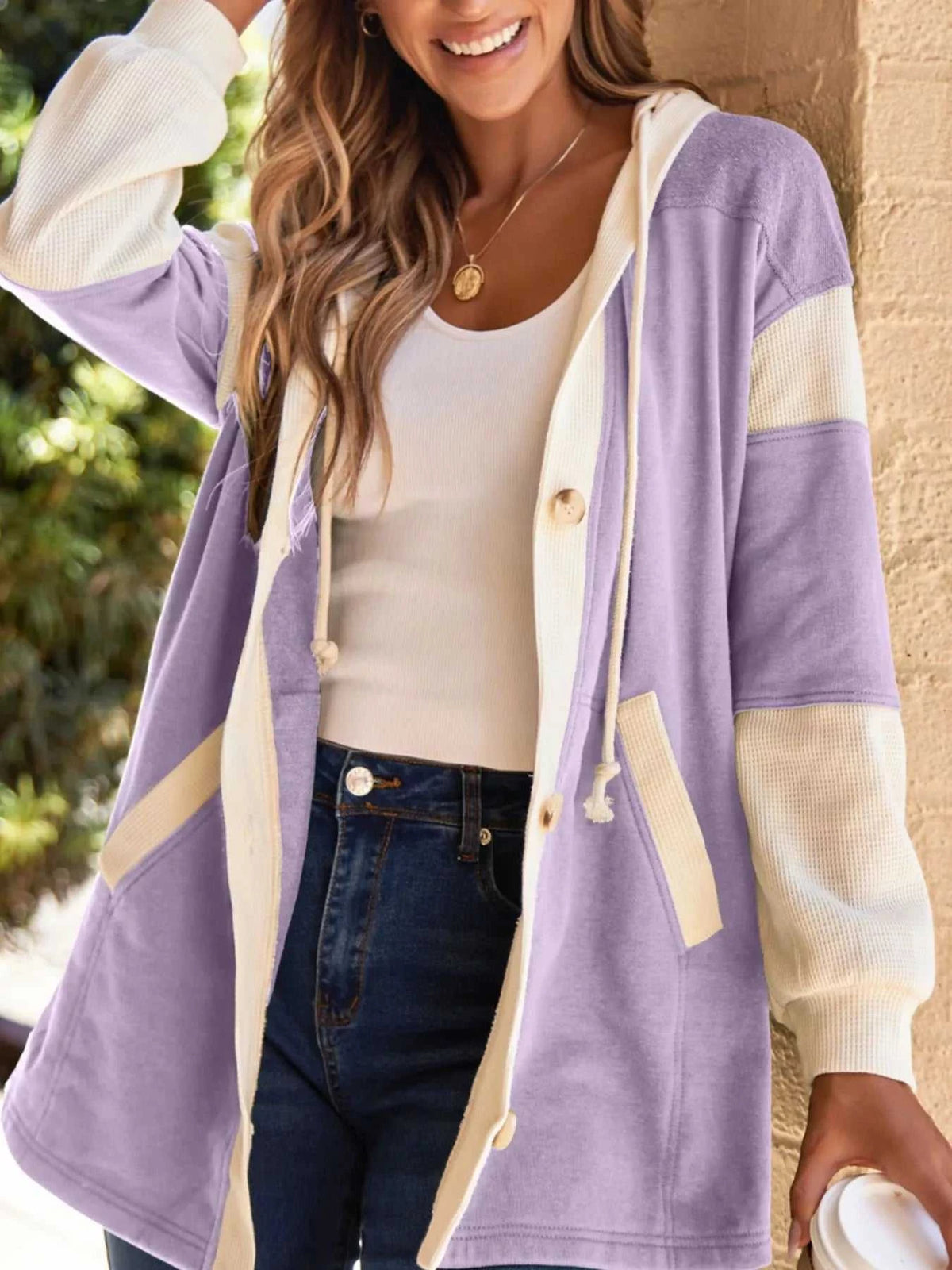 Waffle Contrast Knit Color Block Patchwork Button Front Oversize Hoodie 100100681856714 64 Affordable Fashion Under $100 Jerry's Apparel 