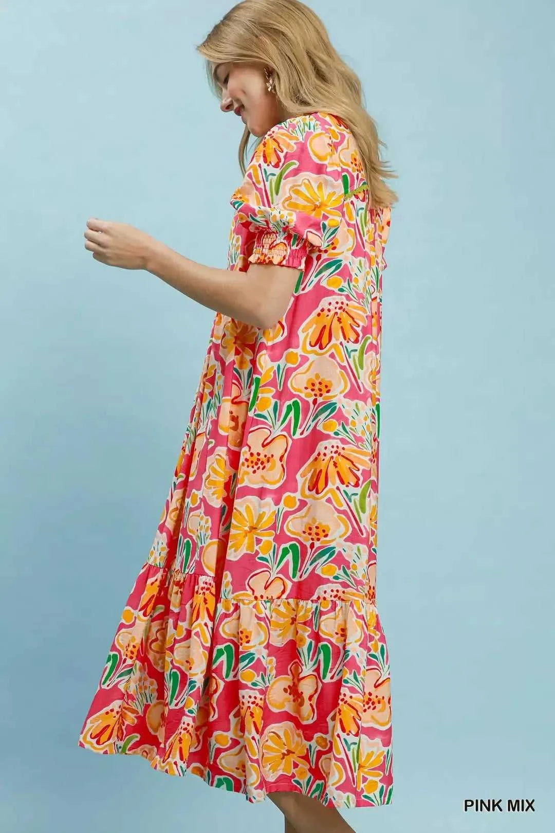 Umgee Floral Print Puff Sleeve Tiered Midi Dress 100100170091509 64 Affordable Fashion Under $100 Jerry's Apparel 