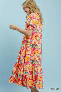 Umgee Floral Print Puff Sleeve Tiered Midi Dress 100100170091509 64 Affordable Fashion Under $100 Jerry's Apparel 