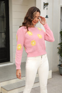 Angel Wings Flower Pattern Round Neck Short Sleeve Pullover Sweater