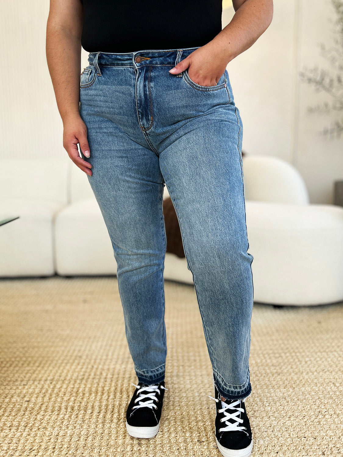 Full Size Mid Rise Rigid Magic Release Hem Jeans