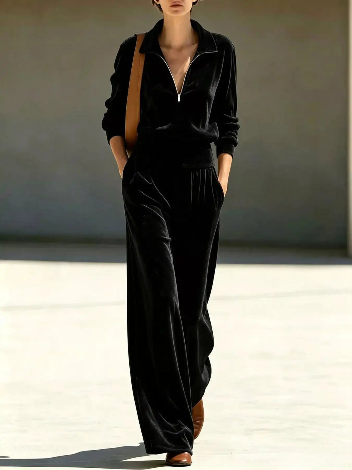 Full Size Quarter-Zip Top and Wide-Leg Pants Set Plus Size 101001639337372 55 Women's Pants Set Gifts for Her Jerry's Apparel 