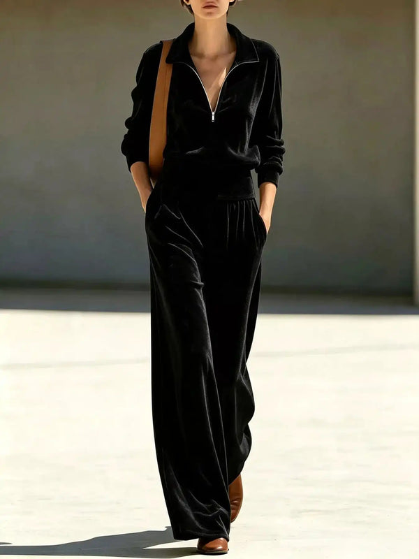 Full Size Quarter-Zip Top and Wide-Leg Pants Set Plus Size 101001639337372 55 Women's Pants Set Gifts for Her Jerry's Apparel 