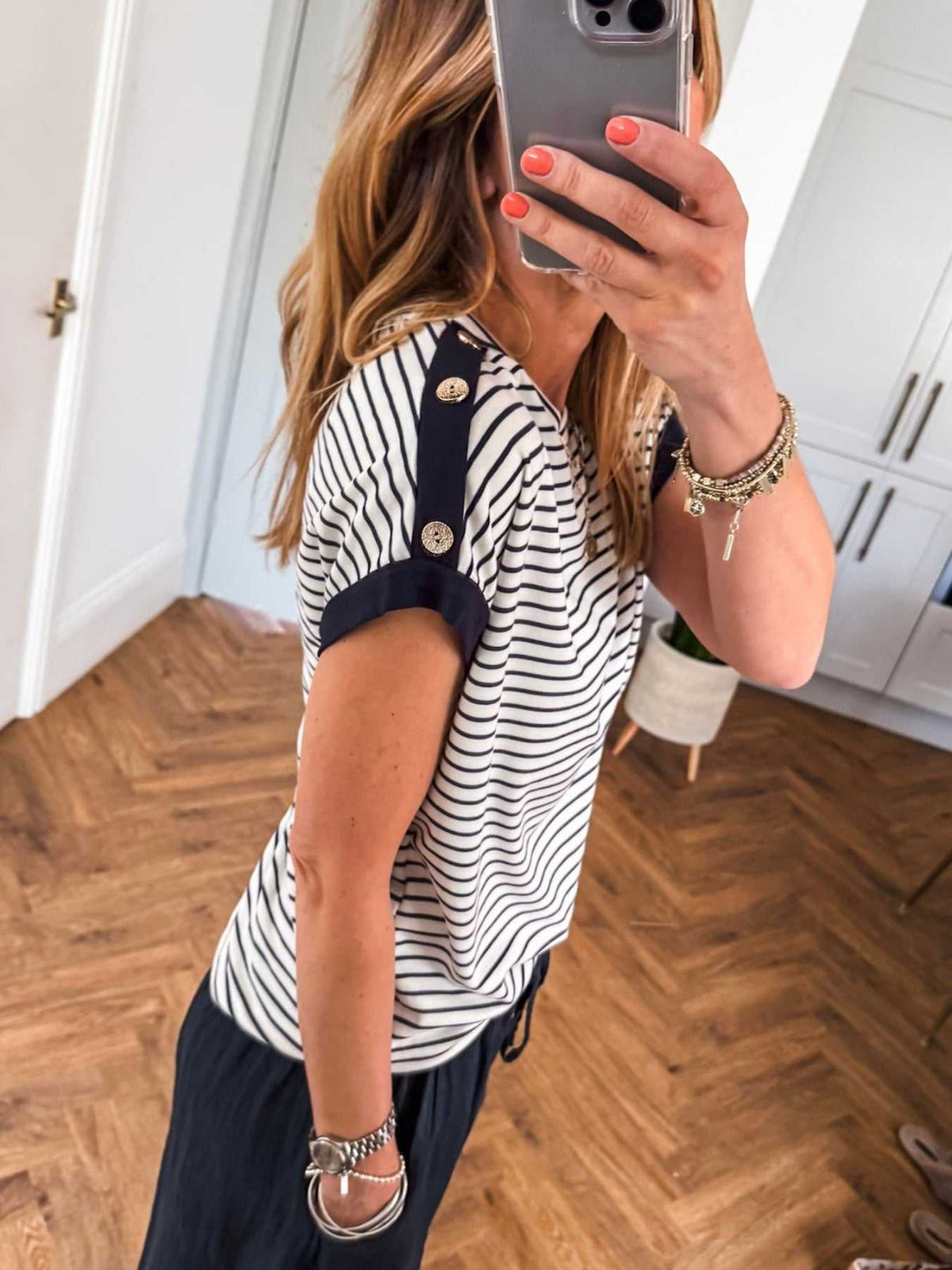 Stripe Cuffed Sleeve Button Decor Loose Tee 100100499247286 29 Affordable Fashion Under $100 Jerry's Apparel 