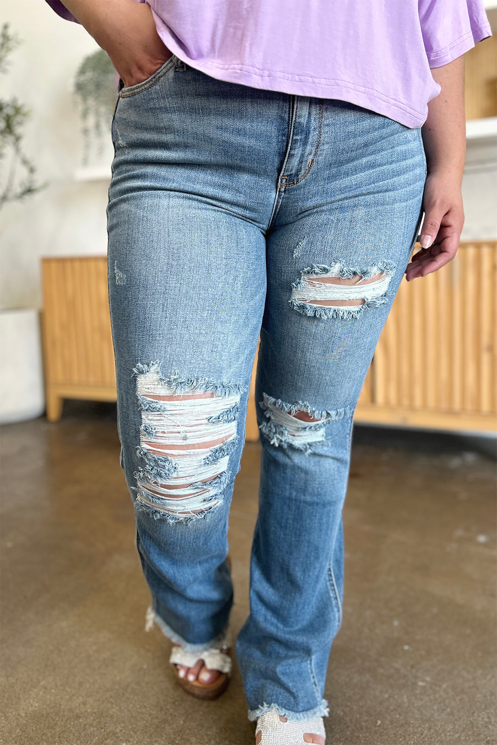 Full Size Distressed Raw Hem Bootcut Jeans