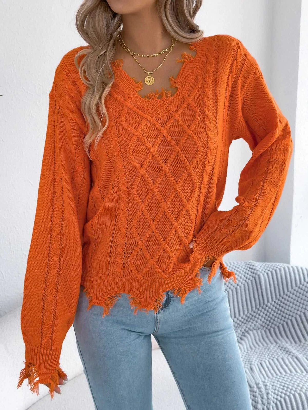 V-Neck Distressed Hem Cable Knit Sweater 101002745879602 36 Affordable Fashion Under $100 Jerry's Apparel 