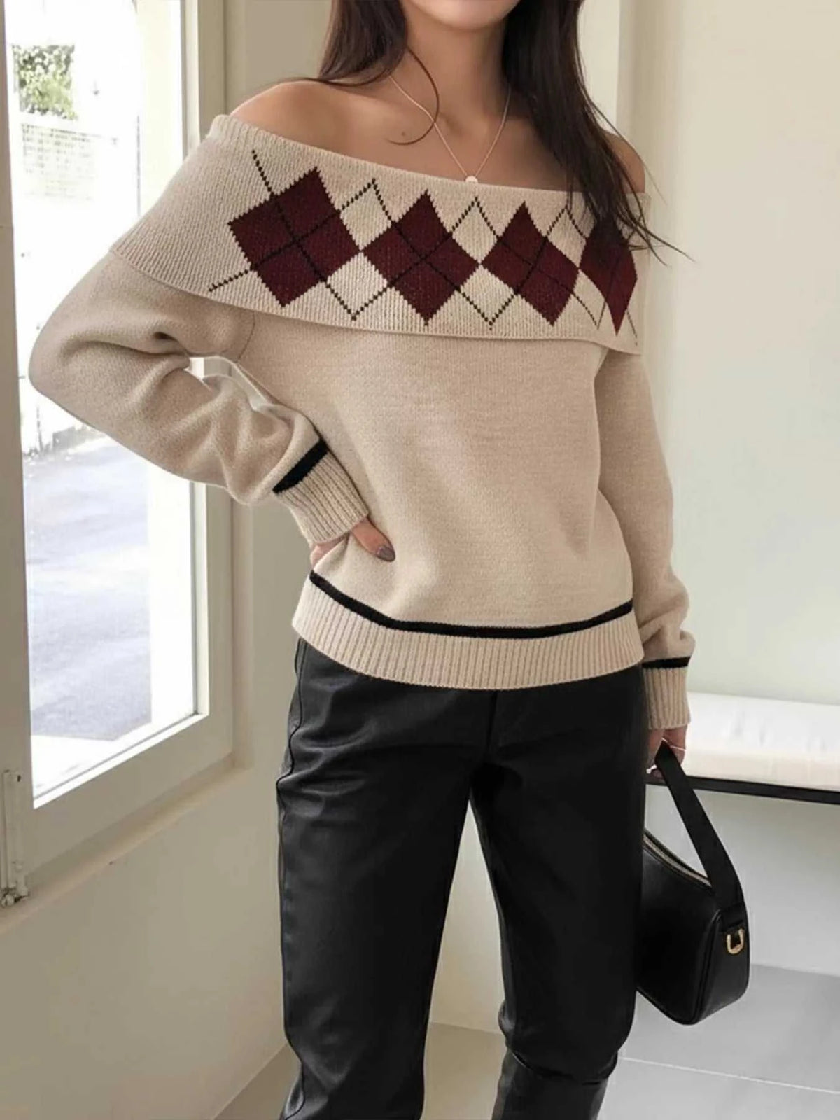 Off-Shoulder Argyle Pattern Sweater 100100066394324 44 Affordable Fashion Under $100 Jerry's Apparel 