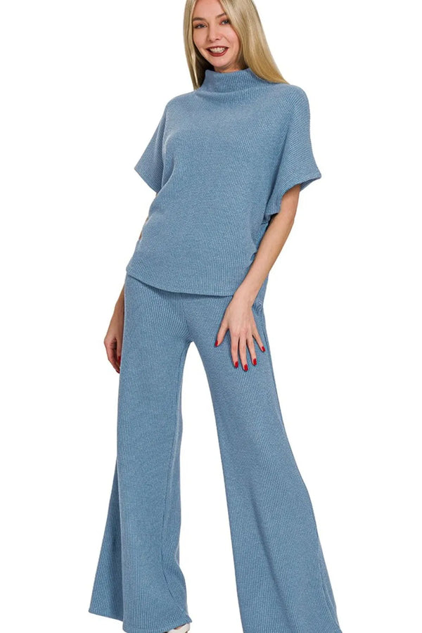 Zenana Sweater Mock Neck Top & Long Pants Set