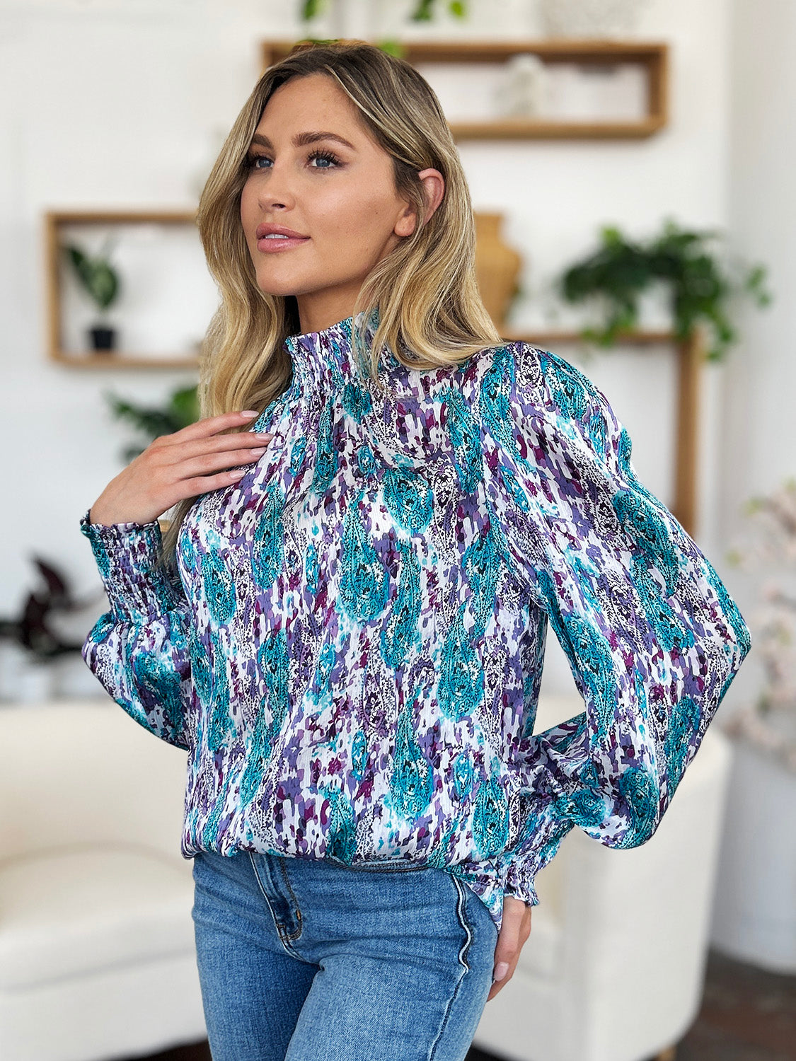 Full Size Printed Smocked Long Sleeve Blouse