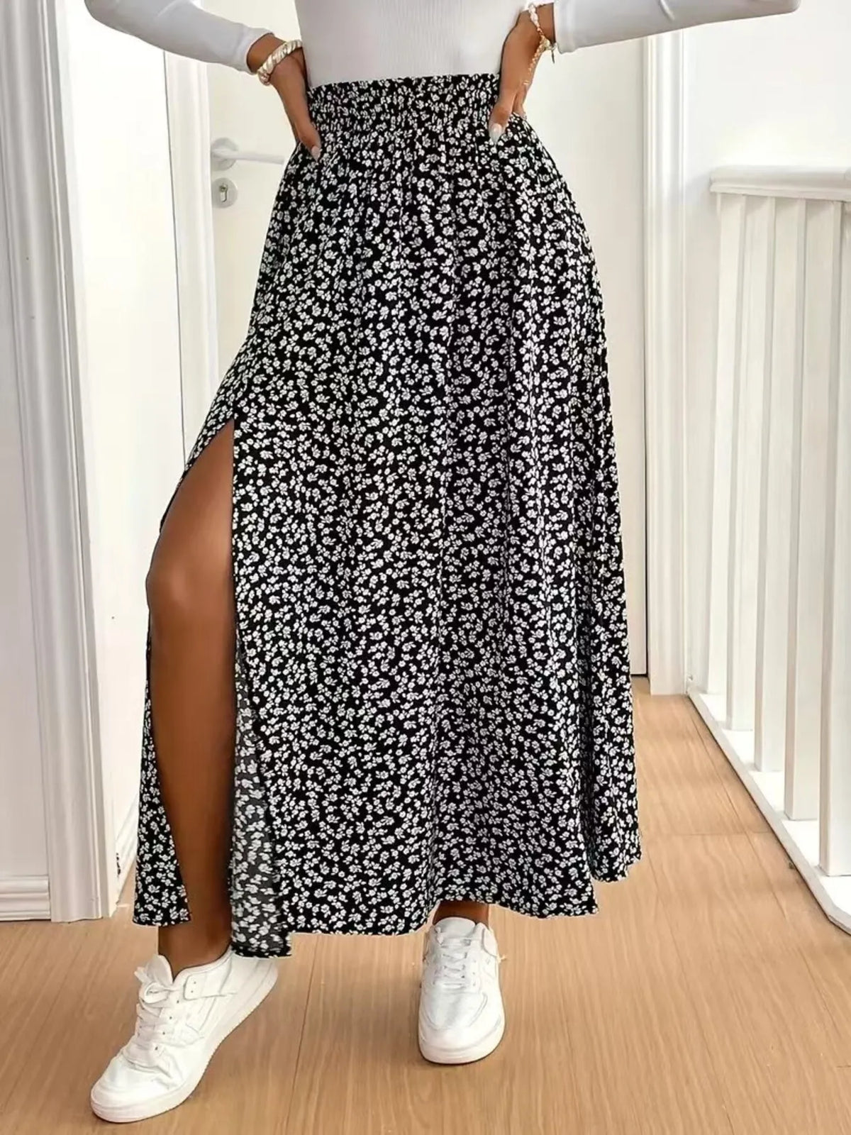 Floral Split Elastic Waist Maxi Skirt