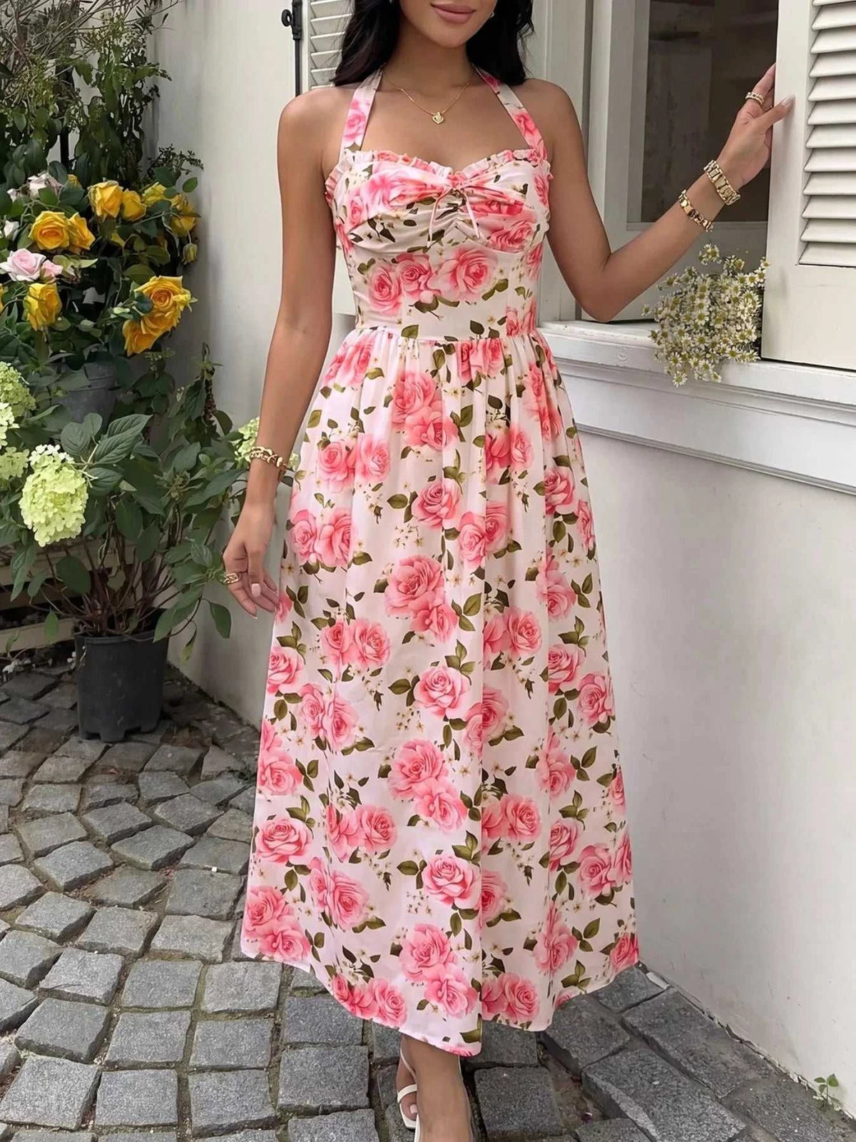 Floral Print Halter Neck Midi Dress 100100495671560 42 Women's Midi Dress Affordable Fashion Under $100 Jerry's Apparel 