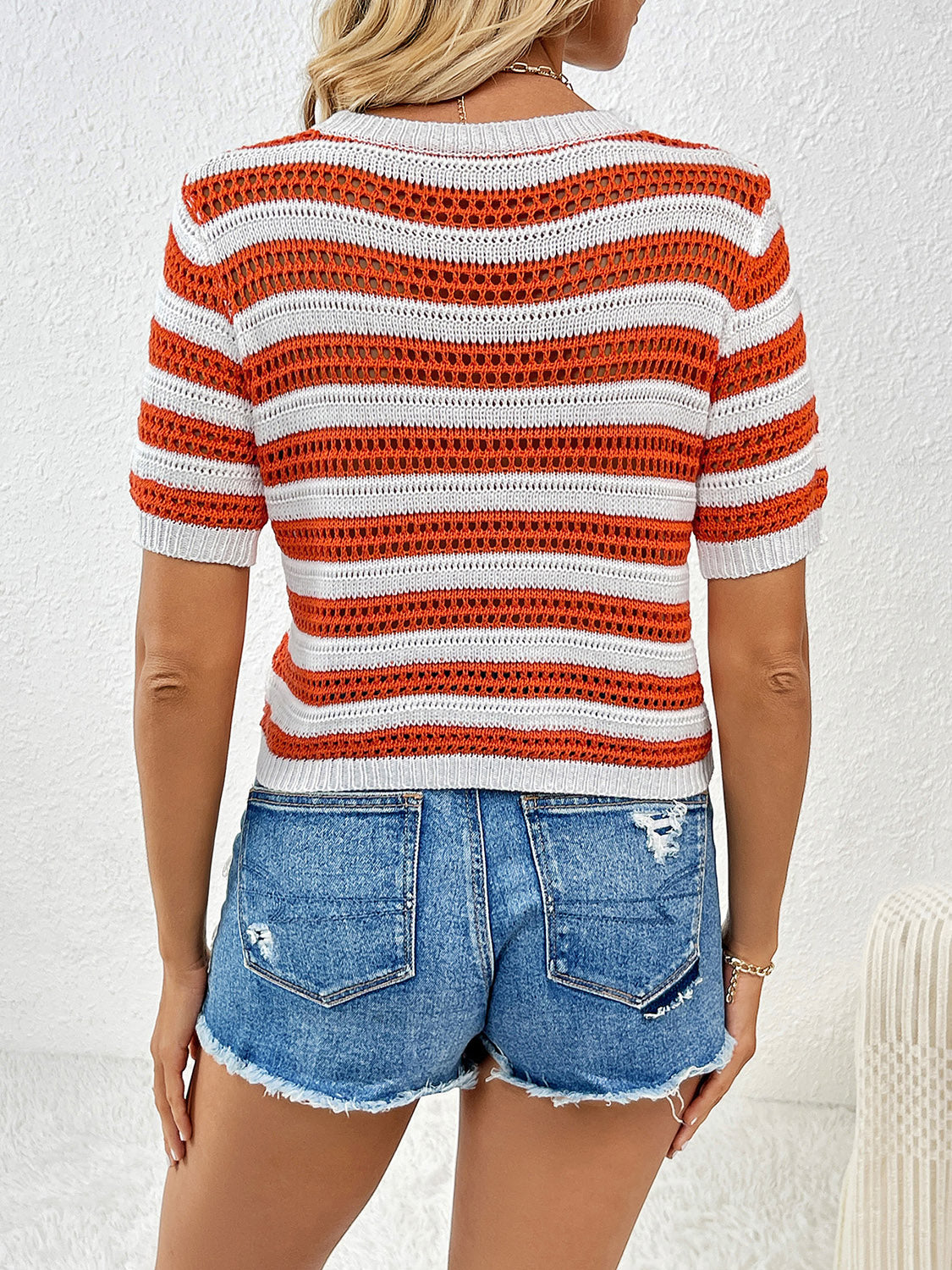 Openwork Striped Round Neck Short Sleeve Knit Top