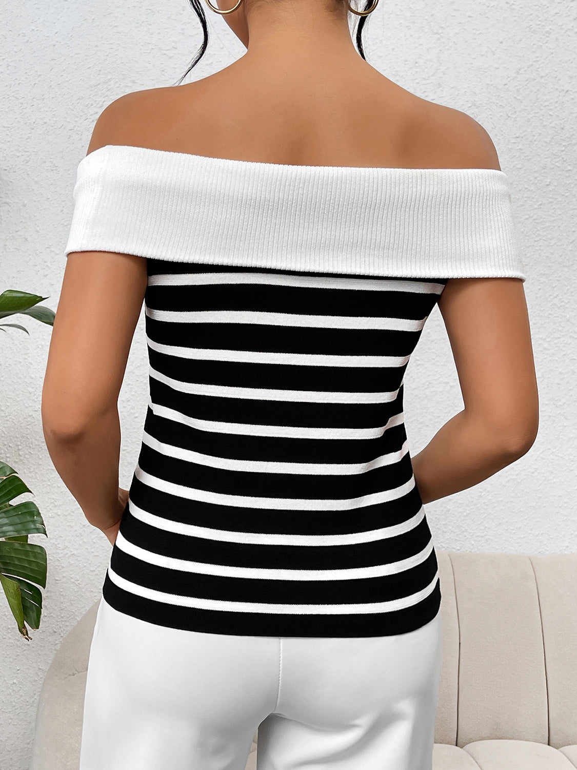 Decorative Button Striped Off-Shoulder Knit Top