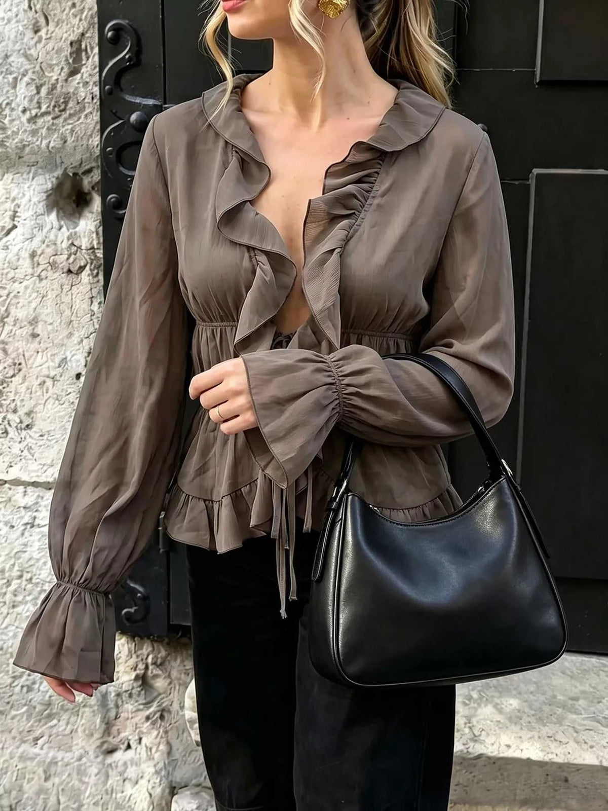 Ruffled V-Neck Long Sleeve Blouse 100100364156339 41 Affordable Fashion Under $100 Jerry's Apparel 