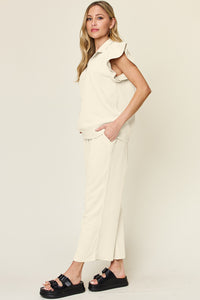 Double Take Texture Ruffle Short Sleeve Top and Drawstring Wide Leg Pants Set